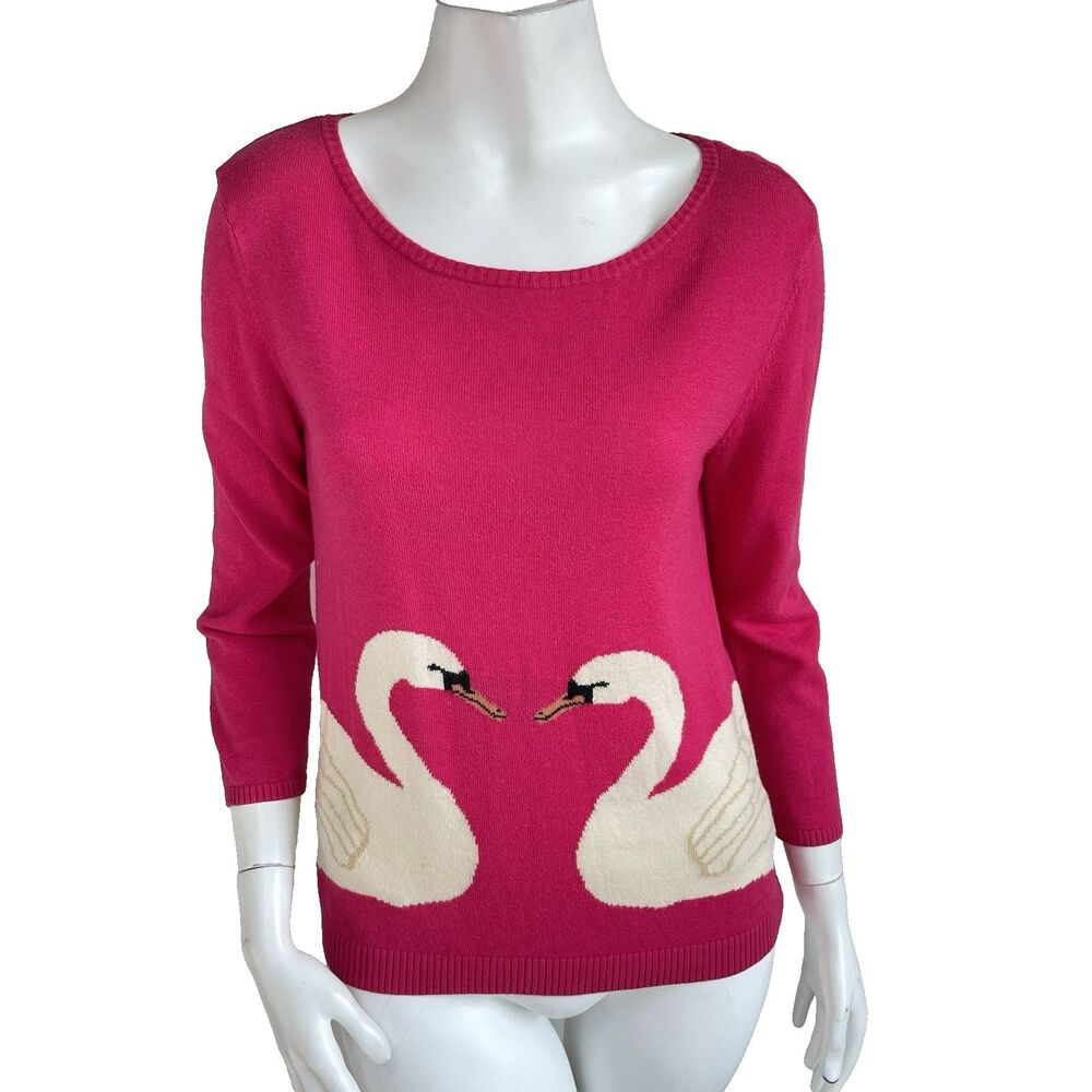 Cooperative Swan Sweater Women's M Pink 3/4 Sleeves Preppy Casual